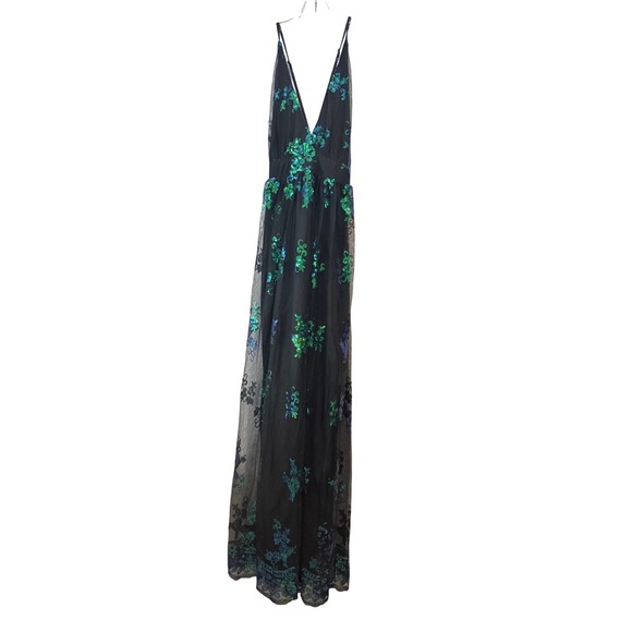 Love & Lemonade Maxi Gown Womens Black Green Sequin Double Slit Hollywood Glam - Picture 4 of 16